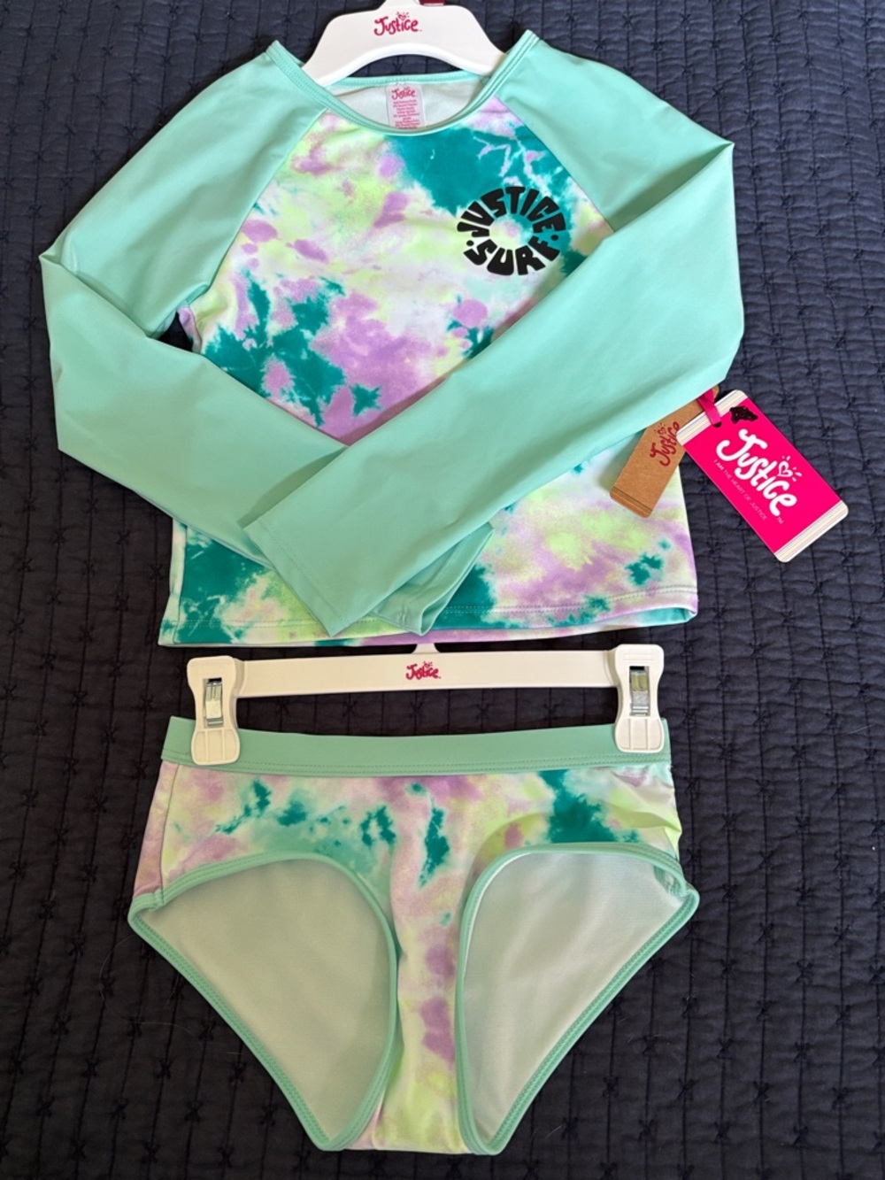 Justice Girls' Mint, Purple & Teal Tie-Dye Long Sleeve Rash Guard Set S (7-8)